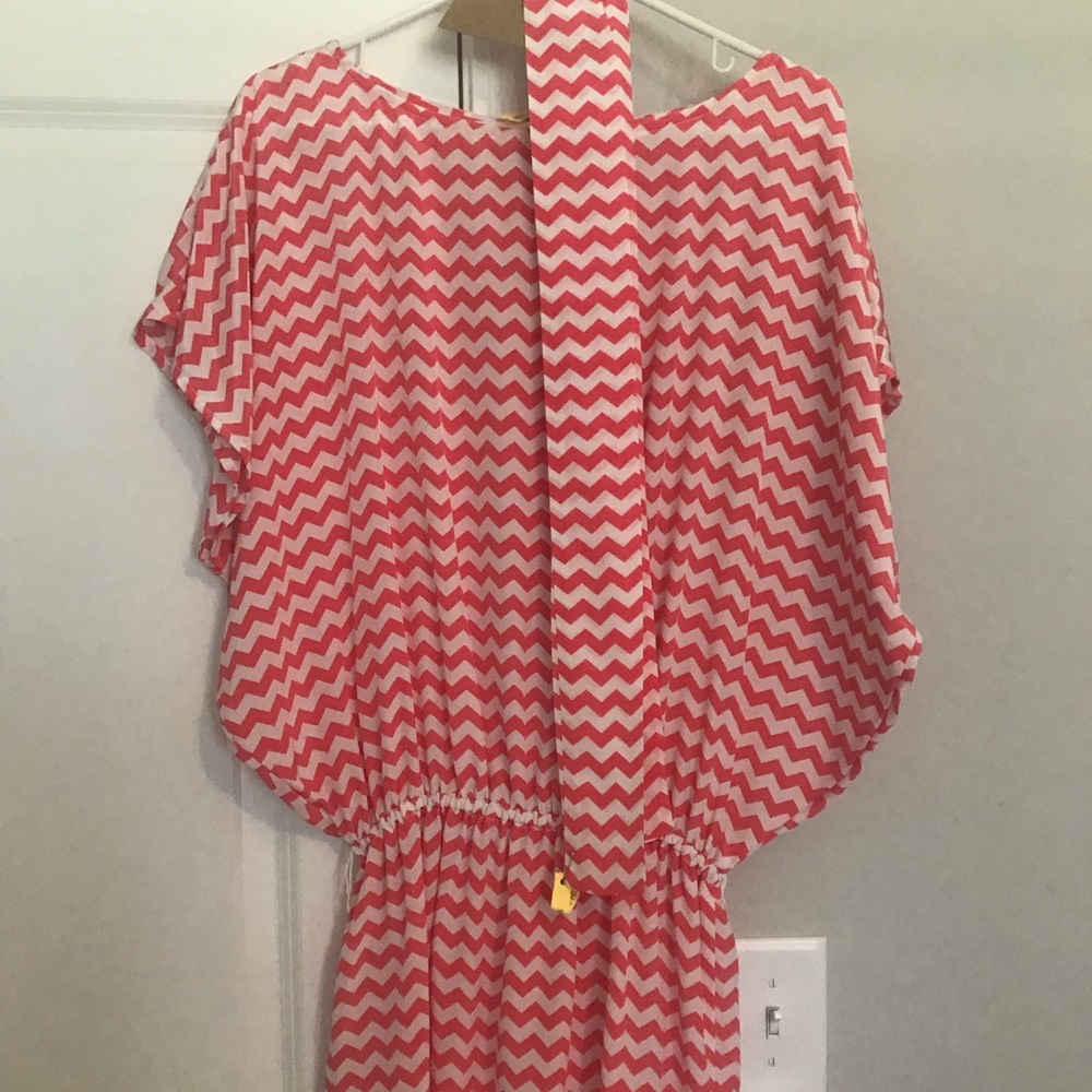 Silk chevron coral and white dress with belt